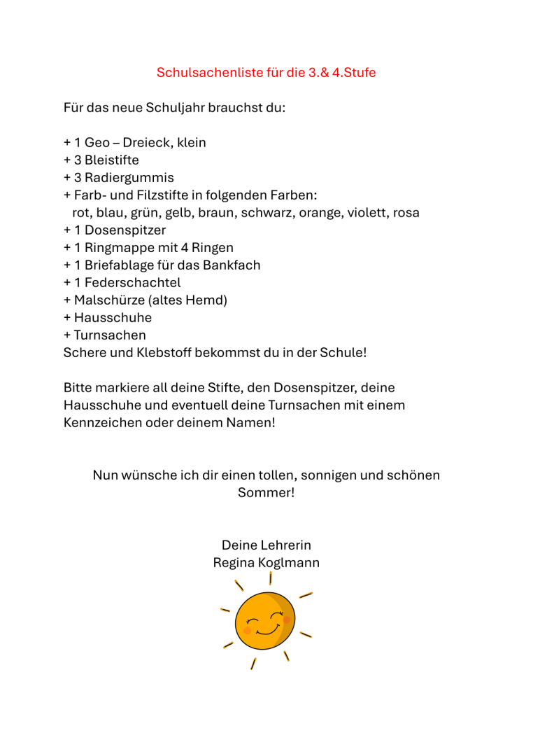 Schulsachen für die 1. und 2.Stufe